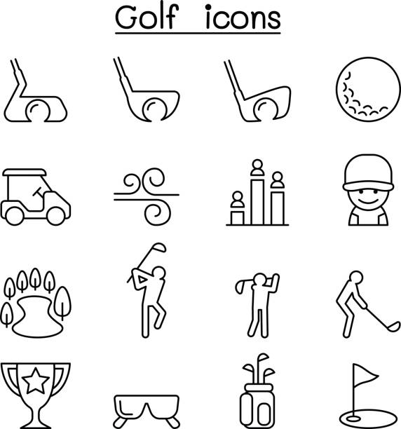 illustrazioni stock, clip art, cartoni animati e icone di tendenza di icona golf impostata in stile linea sottile - outline cart golf golf course