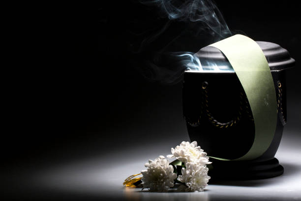 istock funeral mourning urn, with white chrysanthemum and green tape 666676076