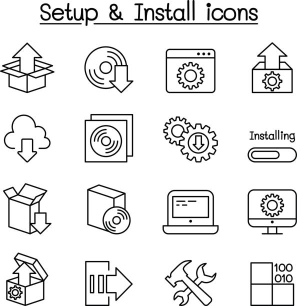 ilustrações, clipart, desenhos animados e ícones de instalação, configuração, manutenção &amp; ícone de instalação do conjunto em estilo de linha fina - repairing computer technician service