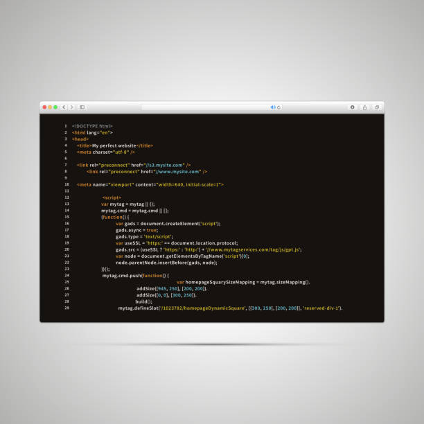 검은색에 웹 페이지의 간단한 html 코드와 현대 브라우저 - coding html web page computer software stock illustrations