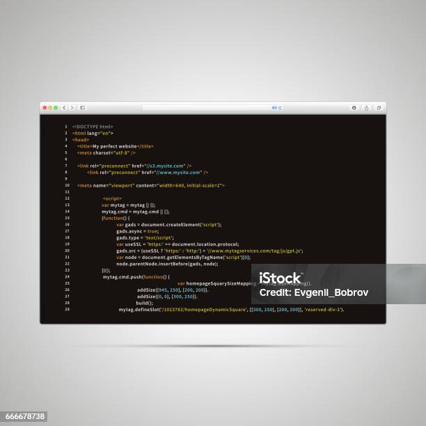 Modern Browser With Simple Html Code Of Web Page On Black Background Stock Illustration - Download Image Now