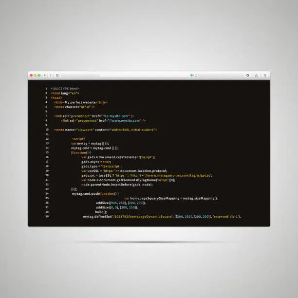 Vector illustration of Modern browser with simple html code of web page on black background
