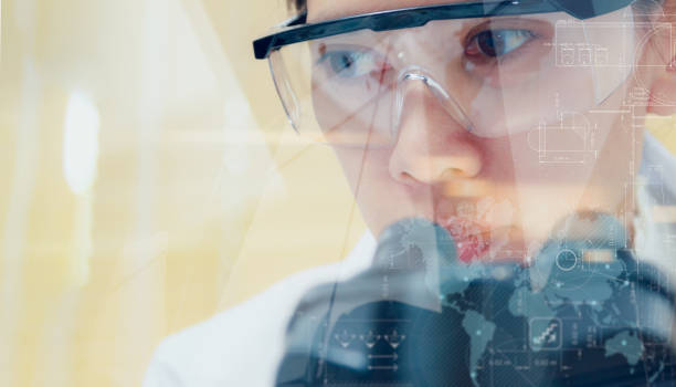 istock Double exposure of scientist with  microscope,equipment and science experiments ,laboratory glassware containing chemical liquid, science or other your content,copy space,mock up. 666682116