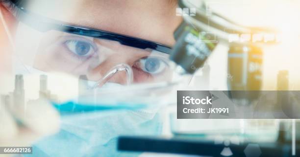 Double Exposure Of Scientist With Equipment And Science Experiments Laboratory Glassware Containing Chemical Liquid For Design Or Decorate Science Or Other Your Contentcopy Spacemock Up Stock Photo - Download Image Now