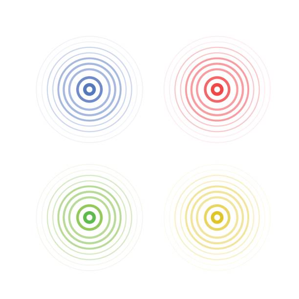 ilustrações de stock, clip art, desenhos animados e ícones de abstract line ripple emblem. radar, sound or vibration icon - repetition striped pattern in a row