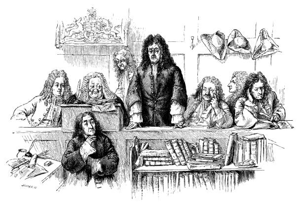 illustrazioni stock, clip art, cartoni animati e icone di tendenza di scena dell'aula di tribunale dell'inizio del xviii secolo - english culture talking men listening