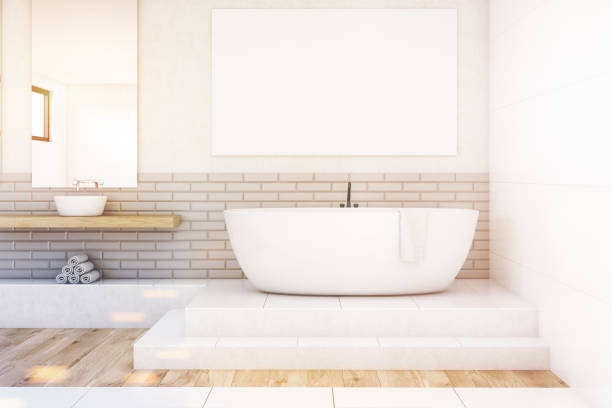 istock Bathroom with a mirror and poster, white, toned 666698752