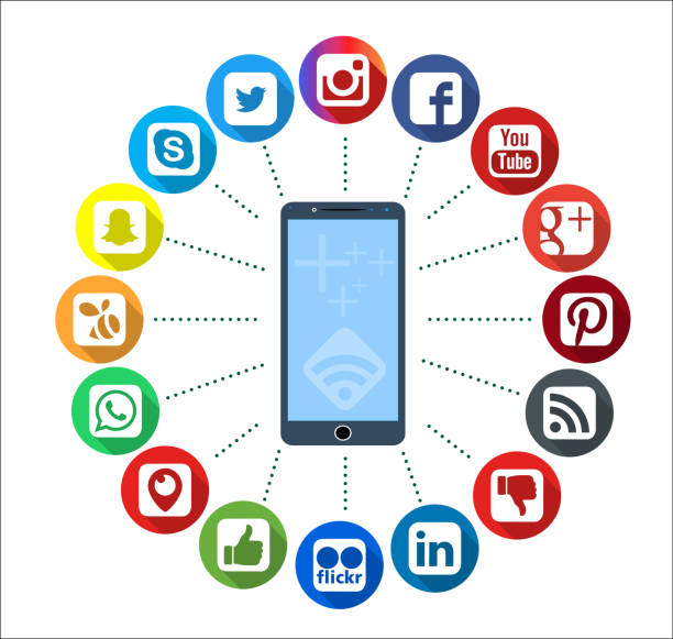 mobile telephone with social network infographic icons - flickr imagens e fotografias de stock