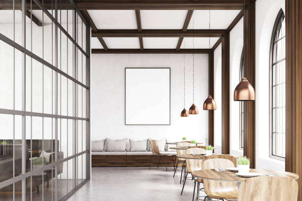 istock Front view of cafe with chairs, gray 666702046