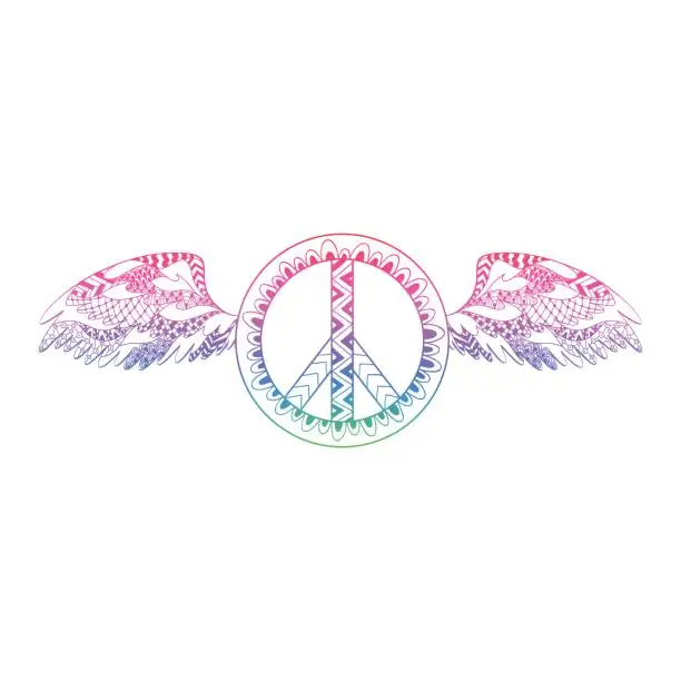 Vector illustration of Hippie vintage peace symbol in ornamental style with wings.