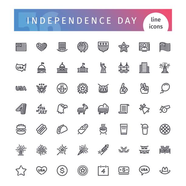 ilustraciones, imágenes clip art, dibujos animados e iconos de stock de los e.e.u.u. día de independencia línea icons set - american flag badge american culture patriotism