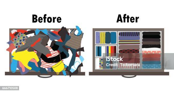 Before And After Tidying Up Kids Wardrobe In Drawer Messy Clothes And Nicely Arranged Clothes In Piles Stock Illustration - Download Image Now
