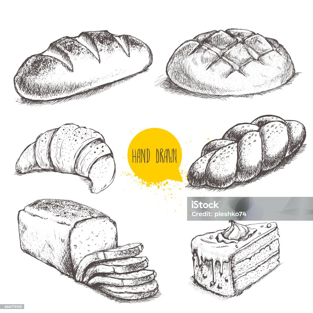 Vintage hand drawn sketch style bakery set. Vintage hand drawn sketch style bakery set. Bread and pastry sweets on white background. Illustration stock vector