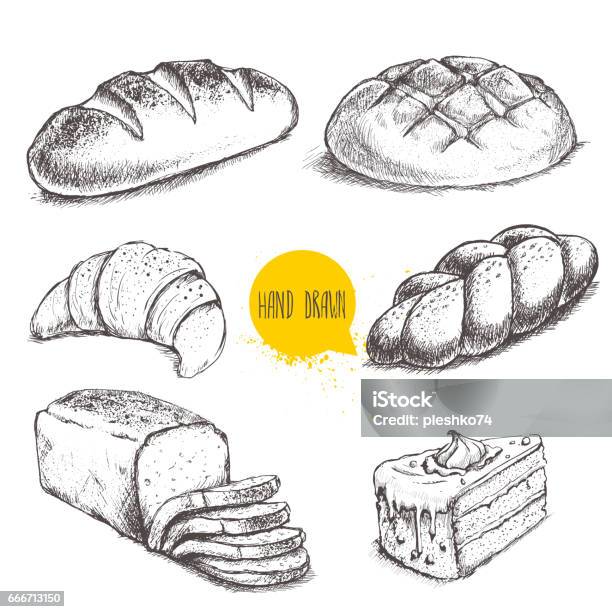 Vintage Hand Drawn Sketch Style Bakery Set Stock Illustration - Download Image Now - Illustration, Bread, Loaf of Bread