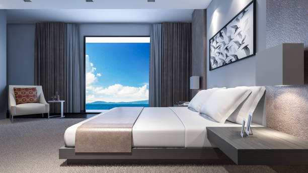 istock Oriental style bedroom with sea view / 3D Rendering 666718736