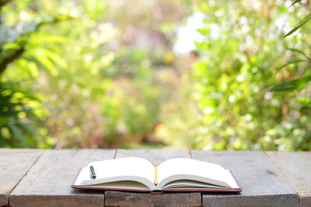 istock White notebook and pencil on wooden table 666718776
