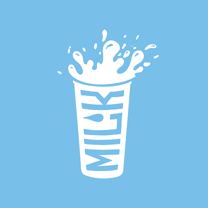 A glass of milk with splashes and the word milk. Vector silhouette of white color on blue background. Hand-drawn illustration for t-shirt, poster, pack and flyers