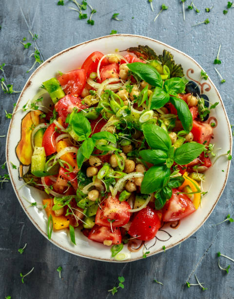 istock Chickpea salad with tomato, avocado, basil and olive oil 666751554