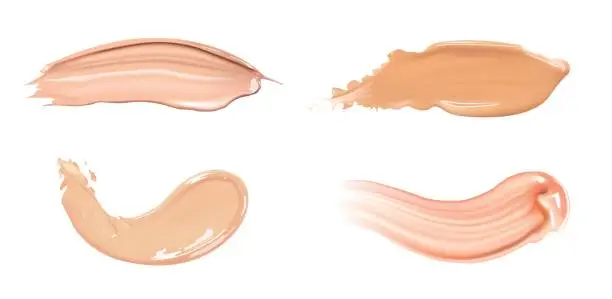 Vector illustration of Set of cosmetic liquid foundation or caramel cream in different colour smudge smear strokes. Make up smears isolated on white background.