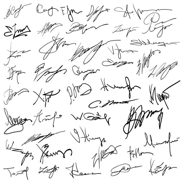 Set of autographs on paper colorful illustration with Set of autographs on a white paper background signature collection stock illustrations