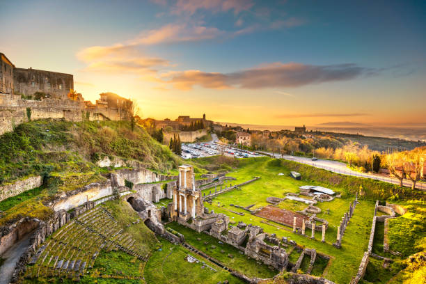 Volterra, roman theatre ruins at sunset. Tuscany, Italy. Volterra, roman theatre ruins at sunset. 1st century bce, Tuscany, Italy, Europe. teatro stock pictures, royalty-free photos & images