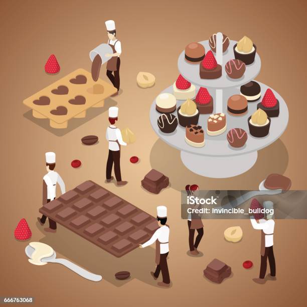 Изометрические Люди Делая Шоколадные Конфеты — стоковая векторная графика и другие изображения на тему Изометрическая проекция - Изометрическая проекция, Шоколад, Еда