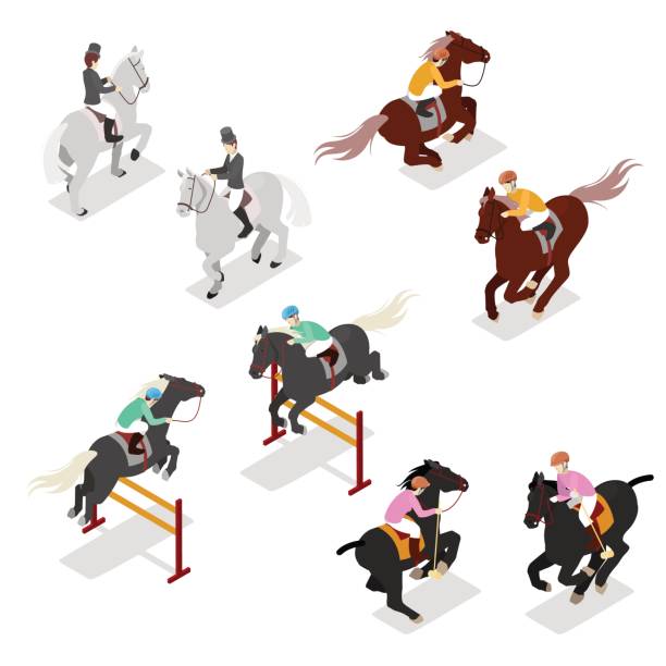 izometryczne sporty jeździeckie - polo, ujeżdżanie - bryczesy stock illustrations