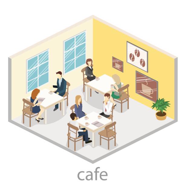 ilustraciones, imágenes clip art, dibujos animados e iconos de stock de isométrica interior de cafetería. diseño isométrico plano 3d interiores café o restaurante. las personas se sientan en mesas y comerán. - isometric people cafe coffee shop