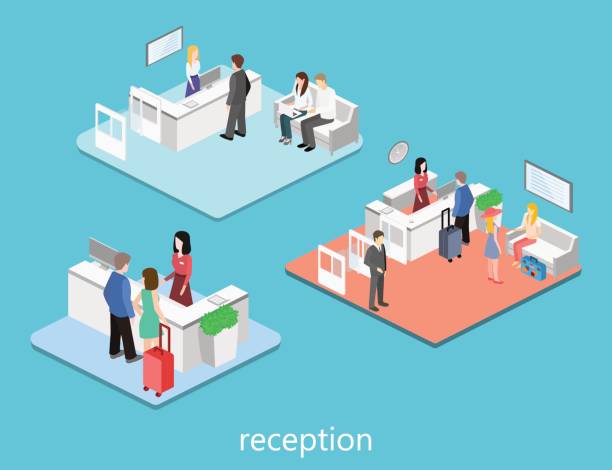 Isometric interior of reception. Isometric interior of reception. Flat 3D vector illustration receptionist stock illustrations