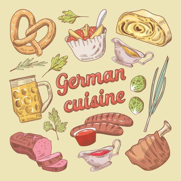 illustrazioni stock, clip art, cartoni animati e icone di tendenza di doodle di cucina tedesca disegnato a mano - meat bratwurst sausage sauerkraut