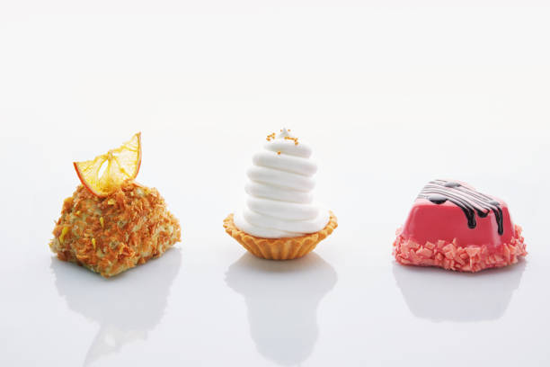 Three different cakes on white background. Confectionery. Delicious dessert.