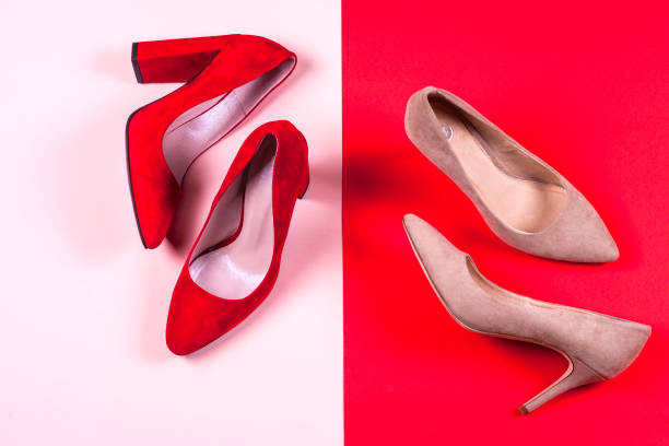 istock Red and pastel female high-heeled shoes 666767218