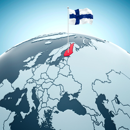 Finland, Helsinki flag on blue globe with the country in red.