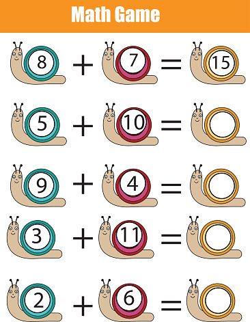Mathematics educational game for children. Learning counting, addition worksheet for kids. Calculate the numbers in snails