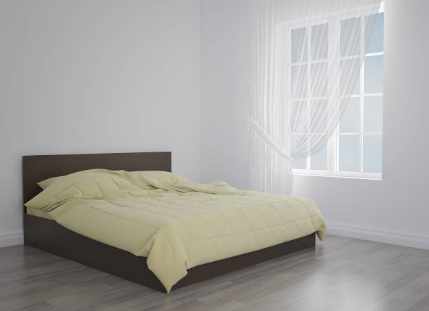 istock Modern bed in the light room near the empty wall. mockup. 3d render 666773642