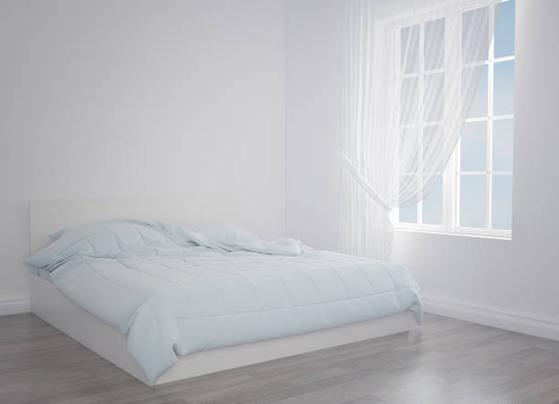 istock Modern blue bed in the light room near the empty wall. mockup. 3d render 666775684