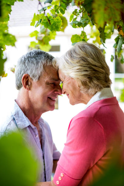 istock Senior couple standing face to face at yard 666775830