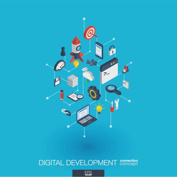 ilustrações de stock, clip art, desenhos animados e ícones de development integrated 3d web icons. digital network isometric concept. - computer chip circuit board isometric computer