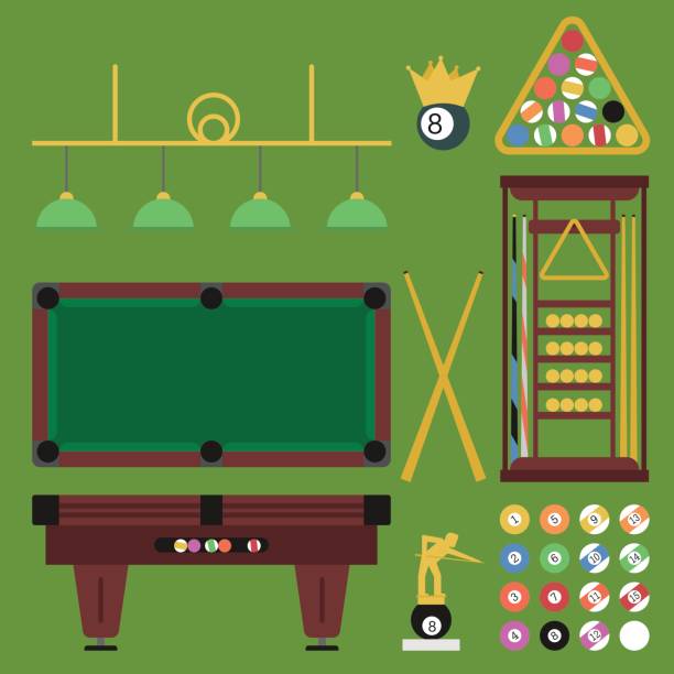 ilustraciones, imágenes clip art, dibujos animados e iconos de stock de juego de billar con pantalla plana - billar deporte de taco