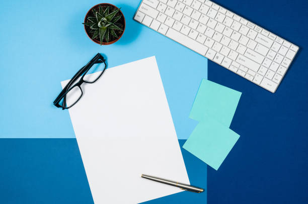 istock Mock-up blank page or magazine on colorful background top view 666785560