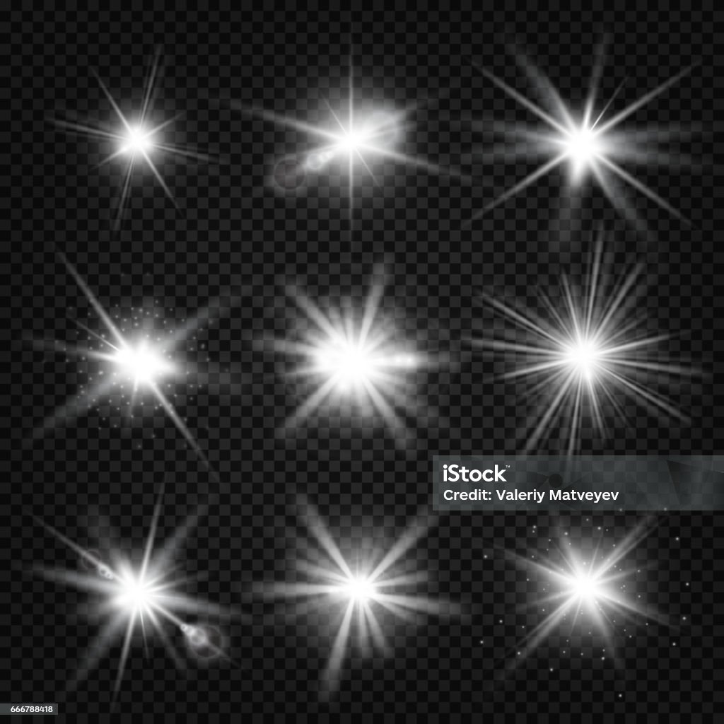 Raggi di scoppio bianchi vettoriali, luce incandescente, stelle scoppia con scintille isolate su sfondo trasparente - arte vettoriale royalty-free di Luce