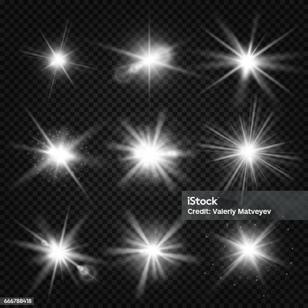 Vector White Burst Rays Glowing Light Stars Bursts With Sparkles Isolated On Transparent Background Stock Illustration - Download Image Now
