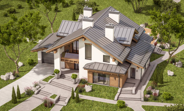 istock 3d rendering of modern cozy house in chalet style 666789162
