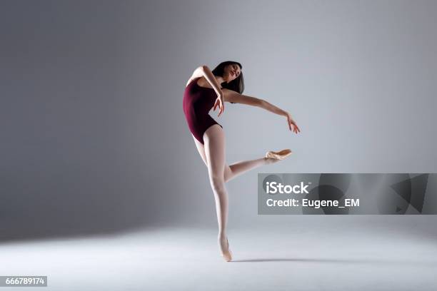 Young Ballerina In A Black Dancing Suit Is Posing On A Grey Background In The Photostudio Stock Photo - Download Image Now