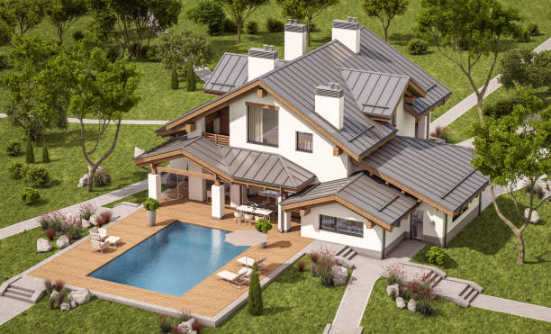 istock 3d rendering of modern cozy house in chalet style 666789260