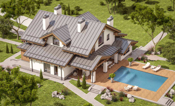 istock 3d rendering of modern cozy house in chalet style 666789268