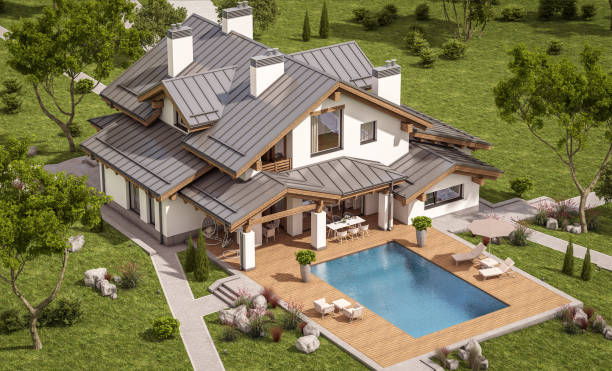istock 3d rendering of modern cozy house in chalet style 666789270