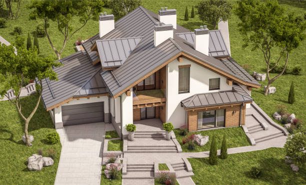 istock 3d rendering of modern cozy house in chalet style 666789396