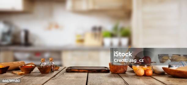 Baking Ingredients Placed On Wooden Table Stock Photo - Download Image Now - Table, Kitchen, Ingredient
