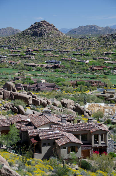 istock Village under Pinnacle Peak with McDowell Mountain range in the background, Arizona 666792854